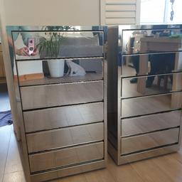 Pair of High end soft close cabinets, drawers or bedside tables. Glass opaque tops. Height 34" Width 19" draw depths 3"