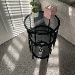Black metal and dark tempered round glass side tables small table fits under larger table for space saving 
Also selling matching coffee tables and sofa table
Pet and smoke free house