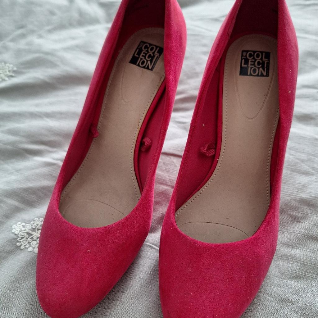 Pink suede, high heeled shoes with small platform. Very elegant, never worn, bought for daughters wedding and decided on different colour. From smoke and pet free home. Buyer collects.