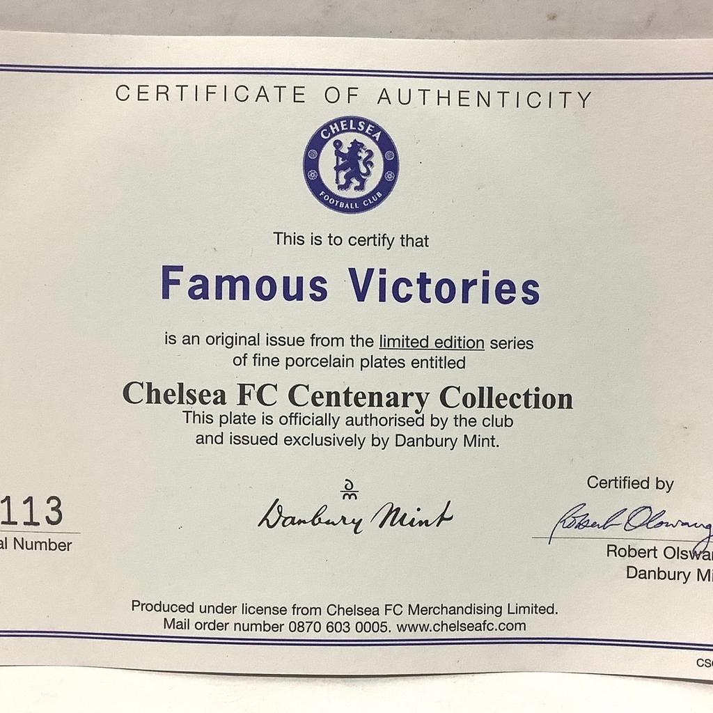 A superb porcelain plate from Danbury Mint titled: Famous Victories.
Part of the Chelsea FC Centenary Collection.
Officially authorised by Chelsea Football Club.
The plate is 8" in diameter and is rimmed with 22-carat gold.
Complete with a COA.
No cracks or chips.
In great condition.
£24.95 ono.