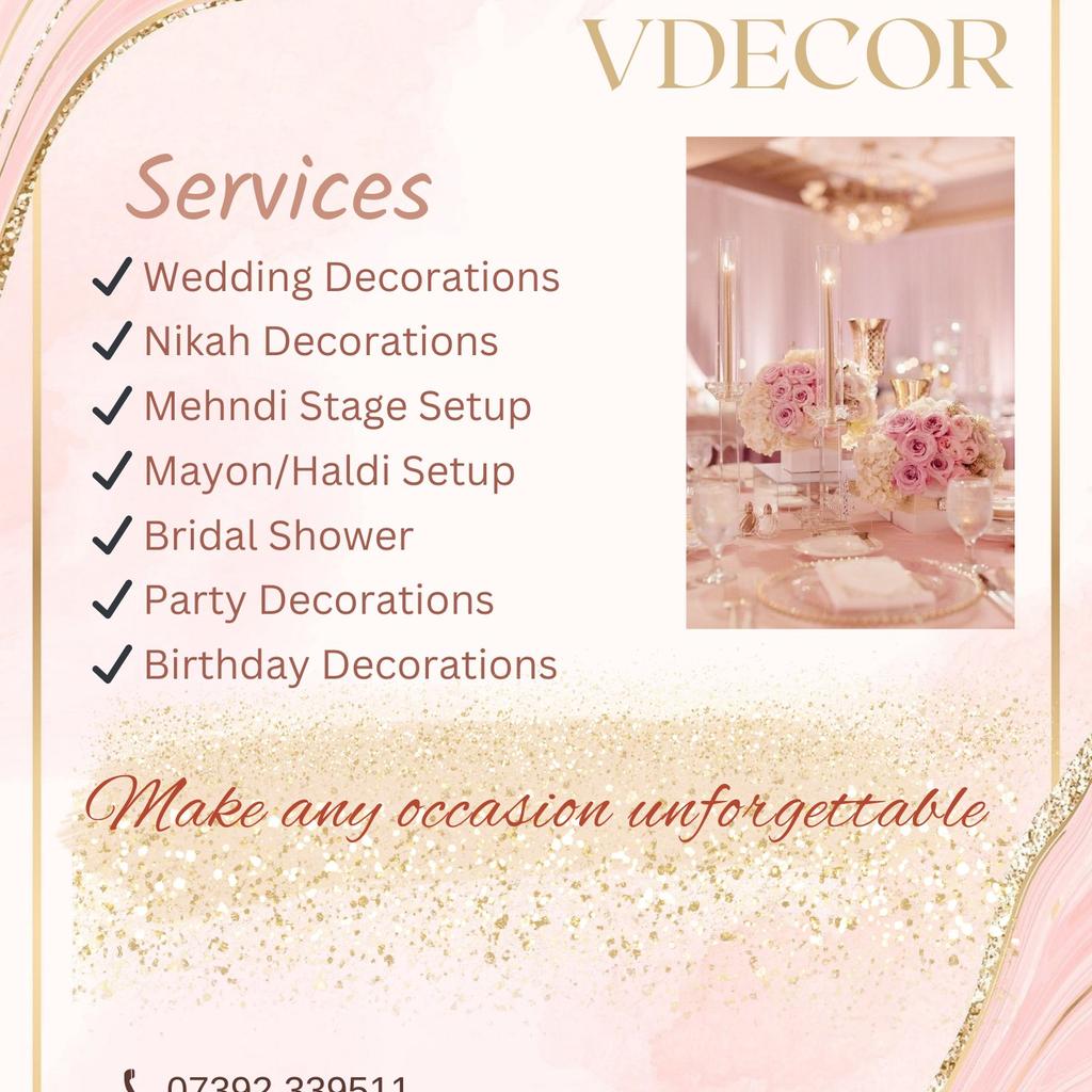 Mehndi, nikah, wedding, birthday party, bridal shower, baby shower or any party decoration.
please pm me or contact on instagram vdecor_events
whatsapp 07392 339511
