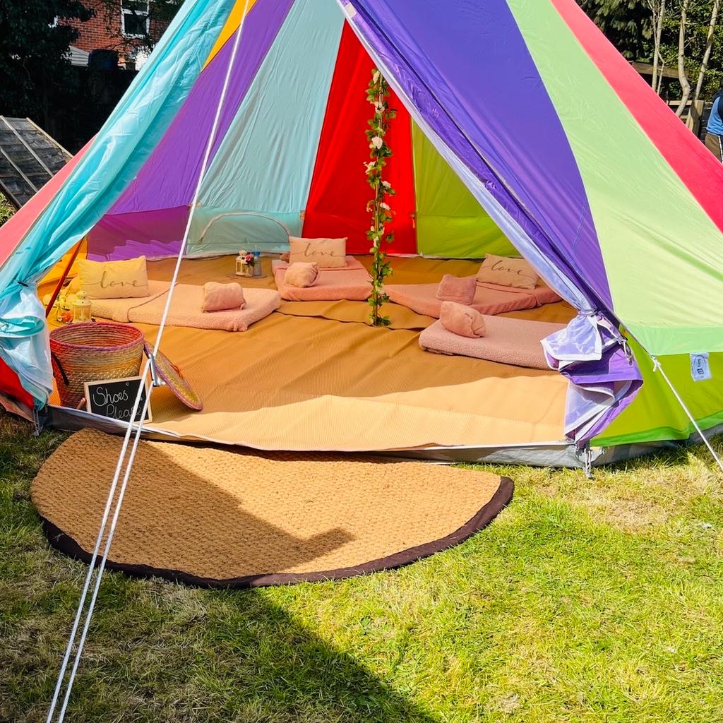 Bell tent season is just around the corner!!

Our rainbow bell.....a magical experience for any occasion!
​
Why not hire our AMAZING rainbow bell tent for a night under the stars, or perhaps a daytime picnic party.
​
Beautifully decorated with fairy lights and themed accessories, a sleepover in our rainbow bell is sure to be a night to remember!

Basic hire of the Rainbow Bell Tent | from £100

Add beds | from £20 ( foam mattress, complete with quilts, pillows, fluffy blankets, cushions and accessories to match your chosen theme or colour scheme.)
​
(travel charges may apply)