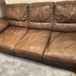 Hi I am selling a brown leather sofa set, a 3 seater, 240cm. long 105cm wide. 80cm height. Seat length 68cm. Floor to seat 32cm.

2 seater 188cm long. 105cm wide. 80cm height and a Foot stall which opens and has storage space, length 60cm. width 56cm. Height 41cm.

Purchased about 8 years ago, sofas still have there shape and are in good condition, very big and very comfortable, unfortunately too big for my living room. Easy to clean and maintain.

Please see photos, few small marks and one sofa and the other has a few scratch marks.
Sensible offers welcome.

Collection in person.