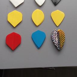 Dart Flights and Stems.
Red, White Black Stems.
Yellow, white, red, Fights.
Different shapes Box pear and heart shaped flights.
Any 3 mixed sets flights and stems £1. Or 40p per set.
