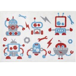 children's robot rug.

Luxurious soft nursery/playroom rug

white rug with blue and red robots

Large size, 1.5m x 1m

Spot wipe clean

Non slip backing

collection only.