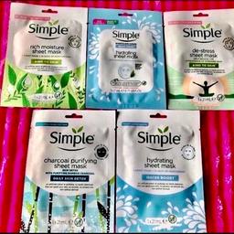New in packets. 
5 x Simple facial masks. RRP over £3.00 each. 
Collection only.