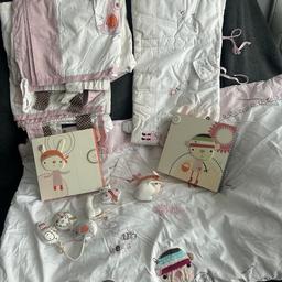 Mamas and Papas Scrapbook Nursery set.
Includes:
Curtains, lined - 60 inch drop excluding tabs x 50 inch wide, each curtain, includes tie backs which are a bit tatty but still usable
Coverlet - topper for cot/bed size 40 inch wide x 50 inch long 
Cot bumper
2 pictures
Cute nursery set for baby girls room
Used condition 
Free delivery