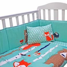 4PCs Woodland animals bed set (bumper-NEW/never been used, duvet, pillow and pillowcase) for cot/cot bed. Perfect condition. Cash on Collection only please!