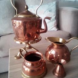 brass and copper Kettle (has small dent on back side) plus trivet which is height adjustable and 3 jugs.