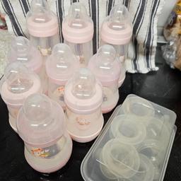 mam baby bottles 
with teats size 0
6 little bottles 
4 big bottles
all like new
as only used for couple of weeks
I have some size 1 teats aswell been sterilised.ans I think maybe some size 2
£18