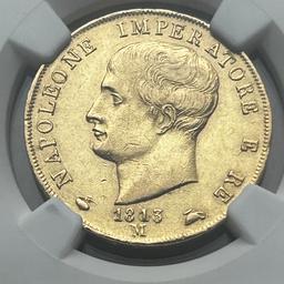 40 Lire 1813 Mailand Napoleon I Goldmünze

Zertifiziert NGC AU55

Ursprüngliche Prägeauflage 41000 Exemplare

Privatverkauf keine Rücknahme die Fotos sind Bestandteil des Angebotes.