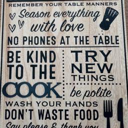 Kitchen Rules Mdf Sign - Season Everything With Love. Condition is "New".

Fun and stylish kitchen Rules sign

Aprox dimension

30 cm by 40 cm made with 100% MDF