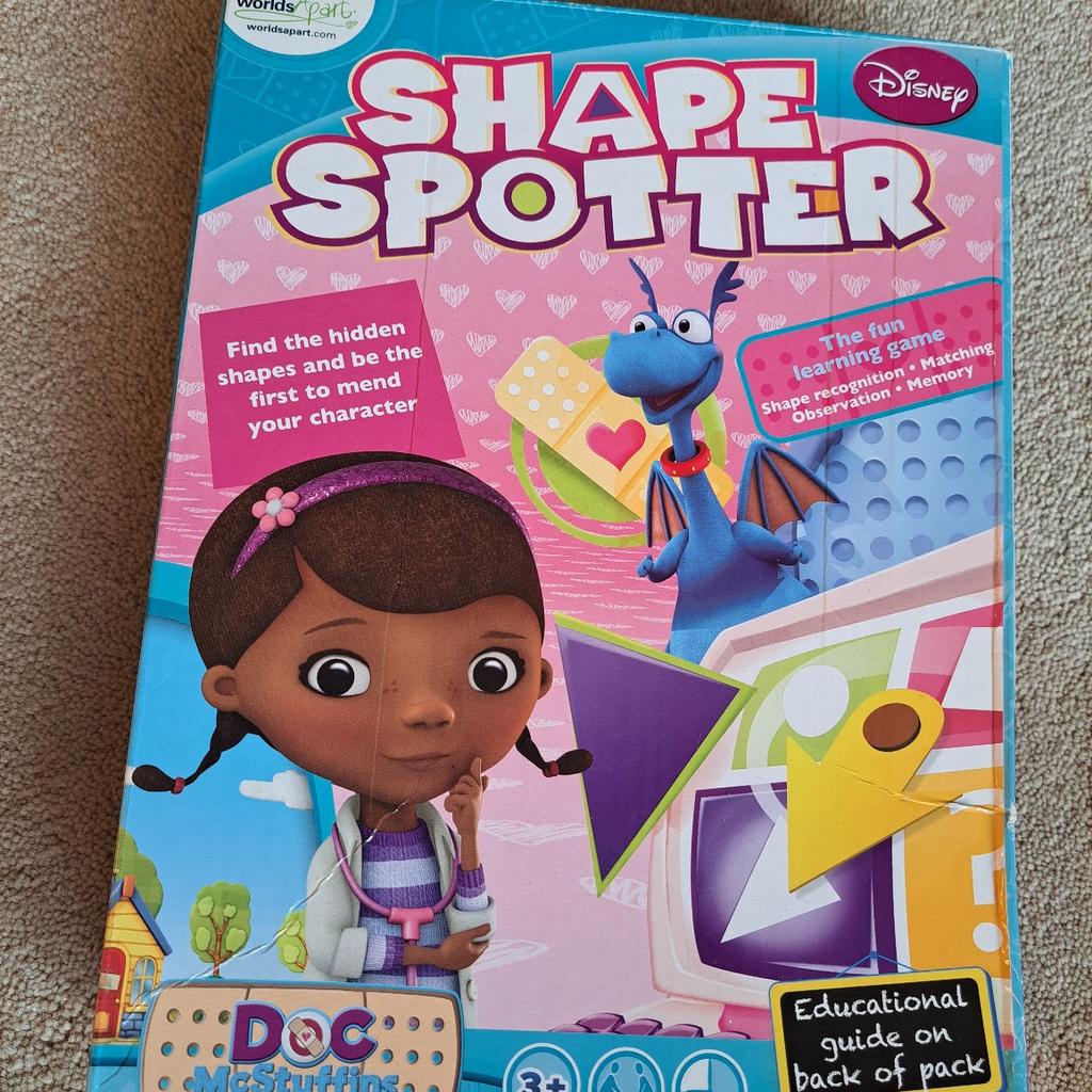 Shape spotter game by Disney
Not been used much at all but odd flaw on boards as shown in last two pictures
Box not brilliant
Collection from Conisbrough or may be able to deliver local