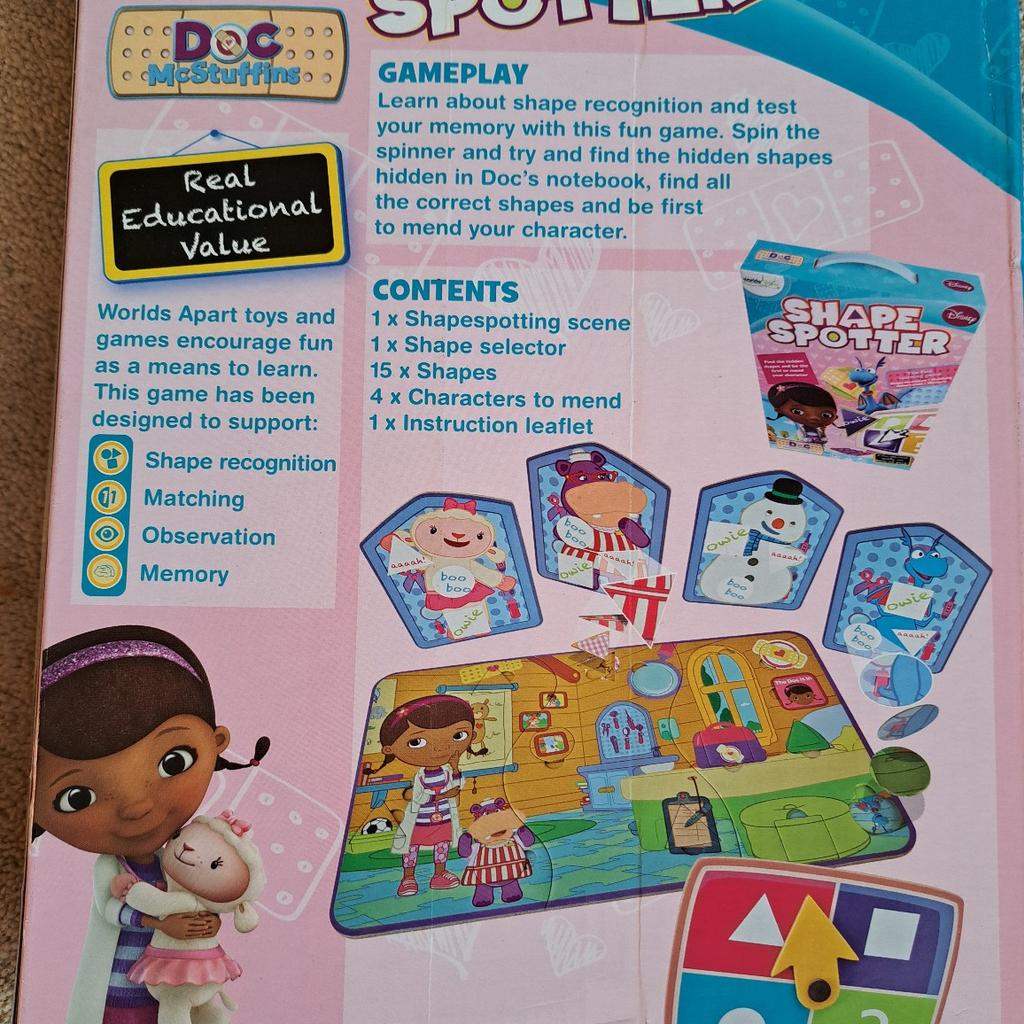 Shape spotter game by Disney
Not been used much at all but odd flaw on boards as shown in last two pictures
Box not brilliant
Collection from Conisbrough or may be able to deliver local