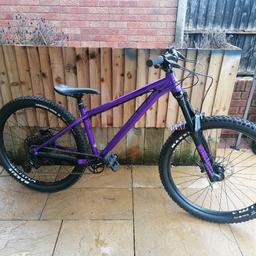 Bicycle
Unisex
Size Small
Virtually new. Sat in garage for past 4 years, used once to the end of the road and back for less than 1/2 a mile.

Ragley mmmbop 2020 in a rare purple.
12 speed hardtail
Sram XS 12 speed gears
Sram level T hydrolic brakes
Ragley bars and stem
Sram crank arms
Rockshox sektor 140mm front forks with 69 degree head angle
WTB serra 27.5 inch wheels tubeless
Brand X ascend hydrolic dropper post
Classic Ragley emblemed seat
Ragley chainstay protector
Nukproof pedals
Aluminium frame 6061-T6
Fully invisi-framed

Tyres still have whiskers on them.
Seriously, you would think you have just bought this from a shop. MINT CONDITION.