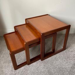 A nicely styled, vintage, teak nest of 3 Tables.
Made in England by Sunelm
In very good condition.
