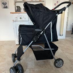 PawHut Small Dog Pram
Black
Material Alloy Steel
Fabric Type Oxford Cloth
Frame material Alloy Steel

Maximum weight recommendation 10 Kilograms
Item weight 5 Kilograms
Folded size 83L x 45W x 25H cm
Product dimensions 75L x 45W x 97H cm

Product care instructions	‎Keep in a Dry Place
Included components Wheels
Model Number D00-058V00BK
Product Dimensions - 75 x 45 x 97 cm; 5 Kg
Item model number - D00-058V00BK
Target gender - Unisex

Additional product features
Foldable
Style - Modern
Seat length - 55 Centimetres
Seat Width	‎ - 32 Centimetres
Handlebar height range - 97 Centimetres
Item Weight - 5 kg

This dog stroller features solid sprayed steel frame with high-quality 600D Oxford cloth to prevent claws and biting right through. The dog pram is durable for long-lasting use.

A bottom basket is included for convenient storage, and cup holders and tray on the handle for water & treat