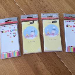 Brand new never been used.
2 sets of cards and envelopes.
8 cards in each pack. Made by Carlton
1 set "Thank you baby gift" cards
1 set "New Home" cards
RRP £2.25 each