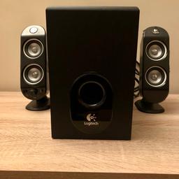 Logitech X-230 PC Speakers

System Components: 2 speakers, subwoofer
Nominal Output Power (Total): 32 Watt
Amplifier: Integrated
Controls: Subwoofer volume control, volume

Dimensions (WxDxH):
Satellite speaker: 6.4 cm x 7.6 cm x 20.3 cm Subwoofer: 15.2 cm x 23.5 cm x 22.9 cm

Connector Type: Audio line-in (mini-phone stereo 3.5 mm)

Subwoofer and 1 satellite speaker work perfectly however the other speaker doesn’t - should be an easy fix.