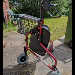 3 wheel walking frame swivelling front wheel adjustabul handles operated brakes  bag basket and tray smoke n pet free home