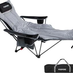 IN ORIGINAL UNOPENED BOX. [PADDED CAMPING CHAIR]:

✅【FOLDING RECLINER CAMPING CHAIR】：The recliner can be adjusted in 4 positions to meet your different needs, and the ergonomic design makes you more comfortable when using it. There is no need to remove the footrest when storing, and it can be folded in one piece to reduce storage time.

✅【PADDED CAMPING CHAIR ：In addition to the footrest and pillow, the Poepore camping chair is also equipped with a detachable cotton pad, which can be used as a blanket when the temperature is low. The cotton pads are machine washable to save the hassle of cleaning.

✅【CAMPING CHAIR WITH 2 CUP HOLDERS 】：Our highback camping chair specially designed with storage pockets at the armrests on both sides.

【FOLD UP LUXURY CAMPING CHAIR】The frame part of the camping chair is made of thickened steel pipe, which has strong stability and can bear 120 KG. The overall weight is only 5.5 KG, and an adult woman can be easily stored in the attached portable storage bag