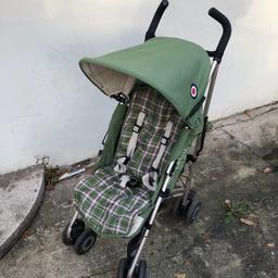 Special Edition Spitfire Maclaren XLR
Suitable from birth lies flat and has pull out extension for the seat to have the babies feet up
Has all original accessories
Reversible Buggy Liner
Fleece lined Footmuff
Rain cover
And also has a Maclaren cup holder attached that I adde

Lightly used as a second buggy

The footrest has broken but it was never actually used.

Please look at the picture for colour etc.