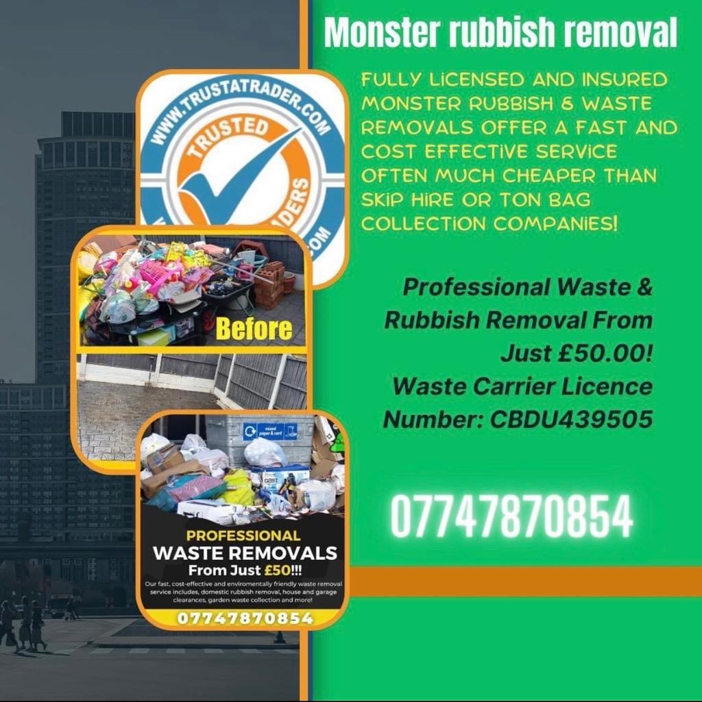 Professional Waste & Rubbish Removal From Just £50.00!
Waste Carrier Licence Number: CBDU439505

• DOMESTIC ♻️
• COMMERCIAL ♻️
• HOME TO HOME REMOVALS / CLEARANCES ♻️
• OFFICE ♻️
• GARDEN ♻️
• LANDSCAPING ♻️
• HARDCORE ♻️
• GREEN WASTE ♻️
• GENERAL WASTE ♻️
• WOOD ♻️
• PLASTIC ♻️
• METAL ♻️
• ALL NON RECYCLABLES ♻️
• RECYCLABLES CLEARANCES ♻️

Each rubbish removal is recycled at the local recycling facility ensuring what we do has minimal impact on our planet 🌎

Contact Our Team Today To Find Out More And Receive Your Personal