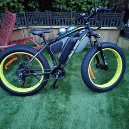 MO3 UK ELECTRIC MOUNTAIN BIKE. 48 VOLT 500 WATT CAPABLE OF 40 MPH BUT RESTRICTED TO 15MPH TO COMPLY WITH UK ROAD LAWS. CAN BE ADJUSTED IN SETTINGS FOR OFF ROAD FUN.LED COLOUR DISPLAY. HORN BUILT IN LIGHT 26X4.0 FAT TYRES. HYDRAULIC DISC BRAKES. SHIMANO GEARS. CHARGER. MUD GUARDS ETC ALL I BOX. FOR FULL SPEC LOOK ON ELEC TREK SITE 25.6.KG WEIGHT FANTASTIC BIKE PRICED TO SELL AS TOO BIG FOR ME. COST ALOT MORE. NEVER USED STILL HAS COVER ON LIGHTS AND NO MILES ON DISPLAY.