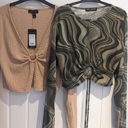 2 ladies/teenagers tops
Both stretchy fabric & long sleeved
Oyster pink/natural, brand new from New Look size 12
The other is a khaki mix with a chiffon overlay, worn a couple of times, size medium from Select
Collection from B62 B63 or DY5