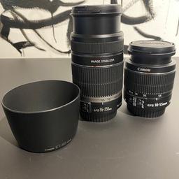 2 Canon EF-S Objektive
18-55mm Standard und 55-250mm Tele

mit UV Schutzfiltern von Hoya und Cokin.

Da ich keine Passende Kamera (EF-S Bajonnet)
habe gebe ich beide zusammen günstig her.

keine Garantie/Gewährleistung.