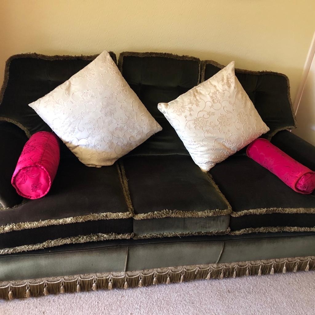 Good quality, just old fashioned looking, nice throws will cover and make look modern, seat cushions have been replaced so firm.

Sofa length 190cm
Depth 100cm, height 95cm

Chair width 95cm
Height 98cm, depth 100cm

Puff height 37cm, width 55cm

Collection from B64 Cradley
