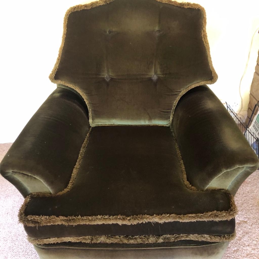Good quality, just old fashioned looking, nice throws will cover and make look modern, seat cushions have been replaced so firm.

Sofa length 190cm
Depth 100cm, height 95cm

Chair width 95cm
Height 98cm, depth 100cm

Puff height 37cm, width 55cm

Collection from B64 Cradley