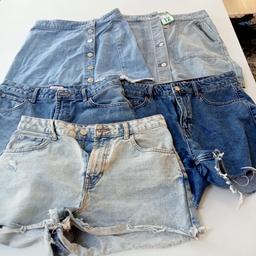 5 items,, 2 jeans shorts size 14,, 1 jean shorts size 12,, 1 jean skirt size 10 (1 button missing) & 1 jean skirt size 12 worn but still great condition from pet and smoke free home DY6
