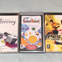 3 Sony PlayStation Portable PSP Games.

All boxed with instructions, including:

- Archer Maclean’s Mercury
- Loco Roco (Platinum Edition)
- PES Pro Evolution Soccer 6

Collection from SW14 (East Sheen).

Any questions please ask.
