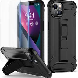 iPhone 14 & 13 Case & 2 Screen Protector
-2 Pack Tempered Glass Screen Protector
-Built-in Kickstand
-Military Grade Shockproof 
-Full Body Protective Cover - Black