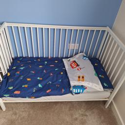 All in one bundle - white cot (which has all 4 sides and one side is removable for when they are older), comfy mattress, 2 new mattress covers, duvet, duvet cover, 2 pillows and pillow covers (as pictured).