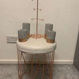Selection of Rose Gold items. Bedroom stool with white padded seat. 4 Heavy concrete tea light holders and a jewellery tree