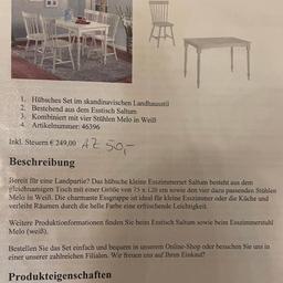 OHNE Dekoartikel!

Esszimmertisch (Bild 1 & Bild 2) + 4 Stück Stühle
Setpreis
Skandinavischer Landhausstil

Dies ist ein Privatverkauf und jegliche Gewährleistung, Garantie, Rücknahme etc. Ist ausgeschlossen.