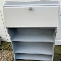 Upcyled wooden bureau done in slate grey and dove grey. 3 shelves and pull down flap. With pigeon holes inside for letters /stationery etc. 26.5” wide x 9” widest depth x 36.5” high. Buyer must collect.