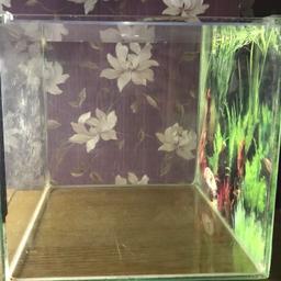 Fish tank for sale. Comes with a h2o pump,a filter and a heater. Has a light stand and a thermometer attached to the tank. It also comes with a cleaning magnet and further equipment. Comes with  multicoloured gravel inside and a printed sticky picture at the back of the tank. The dimensions are 23x23x24 and hold an estimate of 12 litres. For more information please message me.