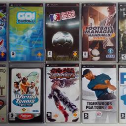 A clearance collection of Nine (9) PlayStation Portable games and 1 movie ...  -  including 

Borat
InviZimals
Football Manager Handheld 2009
Fight Night - Tekken Case & manual 
Go Sudoku 
Medal Of Honor Hero's 
Practical Intelligence Quotient 
Tiger Woods PGA Tour 06
Virtual Tennis World Tour
World Tour Soccer 

These are used items

Cash on collection/local delivery from Leyton E10 or post available