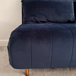 Gorgeous Navy Blue Futon/Sofa bed from Made.com!
Hardly used, only selling as need a divan bed replacement for extra storage!
Can use as a sofa or roll out as a bed, has two matching cushions, velvet feel.
(We bought a roll out mattress for comfort)
Length when a bed approx 72”
Width approx 56”
Height when a sofa approx 32”
Depth as a sofa approx 34”

***COLLECTION ONLY PLEASE!***