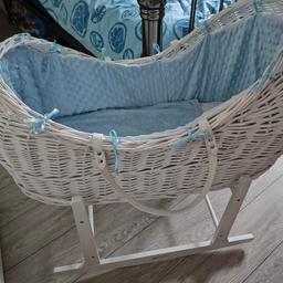 Noah Pod Moses Basket with blue dimple insert and rocking stand. Can be removed for washing. Also comes with a mattress and sheet.

Good condition, has some wear and tear due to carrying up and down the stairs.

From a smoke free home

Collection only