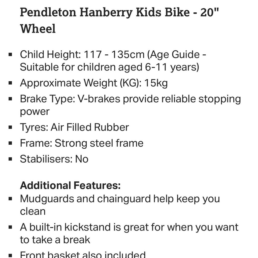 Excellent bike hardly used, daughter outgrown. 20” wheel size age 6-11 depending on height