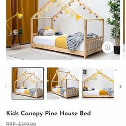 Kids Canopy Pine House Bed

This super cool wooden bed frame features funky crossover framework, which is perfect for accessorising with buntings, lights, vines or drapes! Our canopy house bed is made from solid pine wood, and sit's very low to the ground making it an ideal 'first big bed' for toddlers and young children. The opportunities are endless to create a fun play environment for your kids, who will definitely look forward to bedtime. Create a cool bedroom hideaway, and allow your child's imagination to take flight!

The house bed frame takes a standard UK single size mattress.
This is brand new in box and retails for £139.99 I'm selling for £90 why not check out my other items for sale 
Why nor include a brand new single mattress for an extra £60