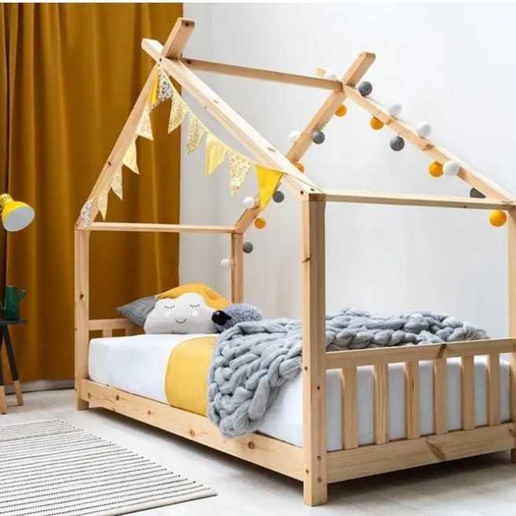 Kids Canopy Pine House Bed

This super cool wooden bed frame features funky crossover framework, which is perfect for accessorising with buntings, lights, vines or drapes! Our canopy house bed is made from solid pine wood, and sit's very low to the ground making it an ideal 'first big bed' for toddlers and young children. The opportunities are endless to create a fun play environment for your kids, who will definitely look forward to bedtime. Create a cool bedroom hideaway, and allow your child's imagination to take flight!

The house bed frame takes a standard UK single size mattress.
This is brand new in box and retails for £139.99 I'm selling for £90 why not check out my other items for sale
Why nor include a brand new single mattress for an extra £60