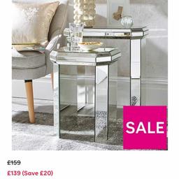 Put some shine into your space with this nest of tables from our new Plinth collection. Styled with chunky proportions and eye-catching angles, they're finished in bevelled mirrors that catch the lights and put extra depth in your lounge. Ideal for sitting by a sofa or armchair, the top table is a great place to sit a lamp, while the smaller table slides neatly away to save on space until it's needed.
these are brand-new retails at £139.99 selling for £90