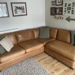 John Lewis tan distressed look corner sofa made from real African leather   No rips or tears clean condition from pet free smoke free home really comfortable sofa easy clean too 
Seat 7/8 people 
Measurements 
256cm x 210cm x 90cm 
Seat height 40cm arm height 65cm 

My new sofas will be arriving around mid April so this obviously won’t be available to take until then Happy to hold for small deposit to secure  
 Inspection welcome 
Timewasters and scammers will be immediately reported!!!