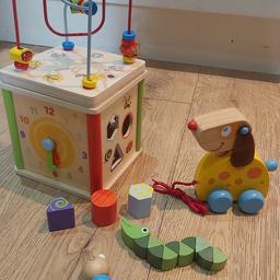 Bundle of New/unused wooden baby toys.
Small activity cube with 3 blocks. Pull along dog with moving head and 2 bendable animals.
£10 for the lot.
Smoke free, pet free home.
Collection only