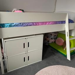 White Stompa mid Sleeper single bed with slight night kids mattress. Clean and only used for 2 years. Child has outgrown it. Strong bed with wooden slat base. Smoke and pet free. Will need to be assembled. Payment with cash at Collection only from BOLTON. Need to sell ASAP.